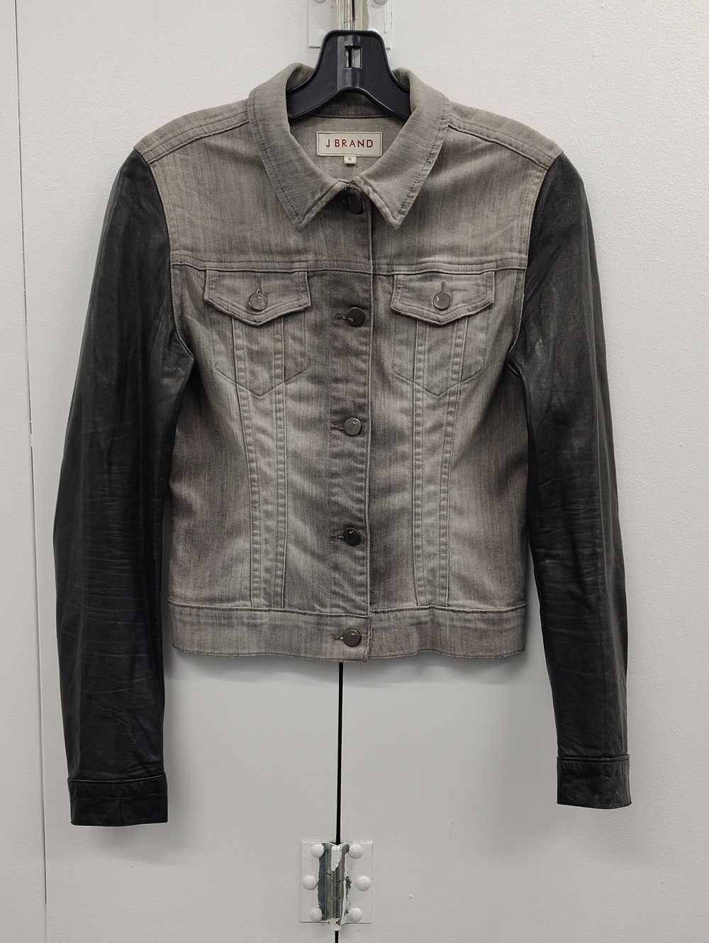 J Brand Ashen Two-Tone Gray Denim Jacket with Black Leather Sleeves Size S